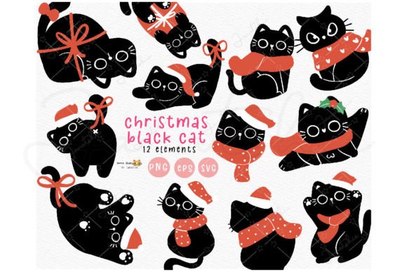 Christmas Black Cat SVG Clipart Set Graphic Crafts By Janatshie