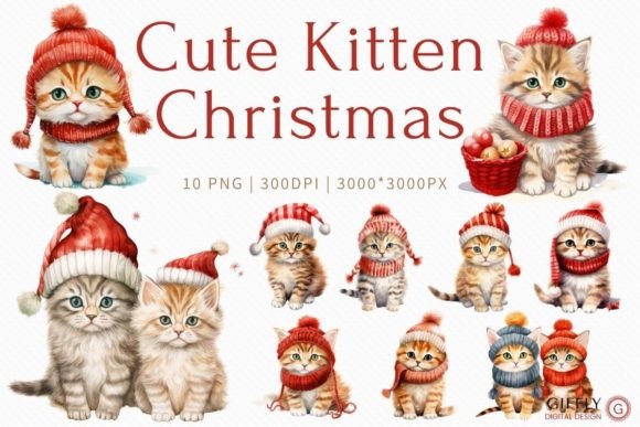 Cute Kitten Christmas Watercolor Clipart Illustration Illustrations Imprimables Par Giffly Digital Design