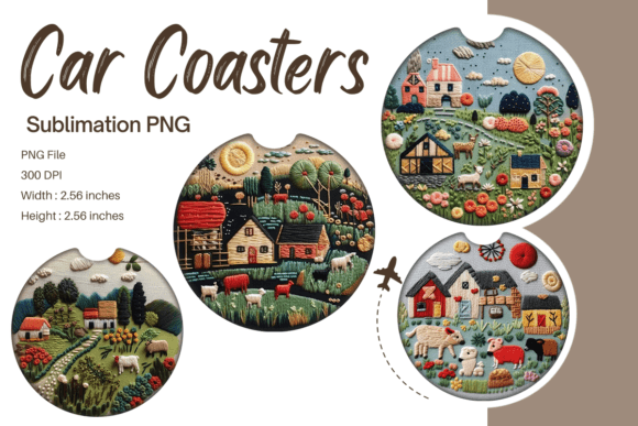 3D Farm House Embroidery Car Coaster PNG Grafica Modelli di Stampa Di Yakkodesign