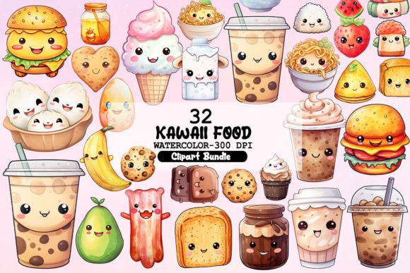 Kawaii Cute Food Stickers Bundle Graphic Illustrations Imprimables By Little Girl