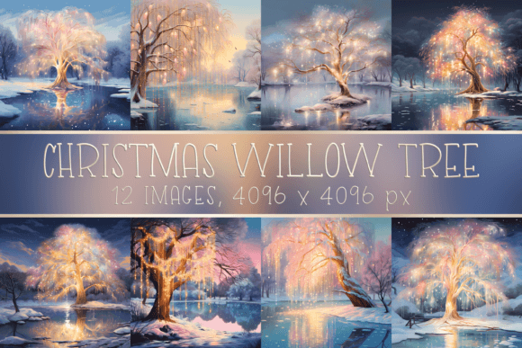 Christmas Willow Tree with Golden Lights Graphic Illustrations By Color Studio