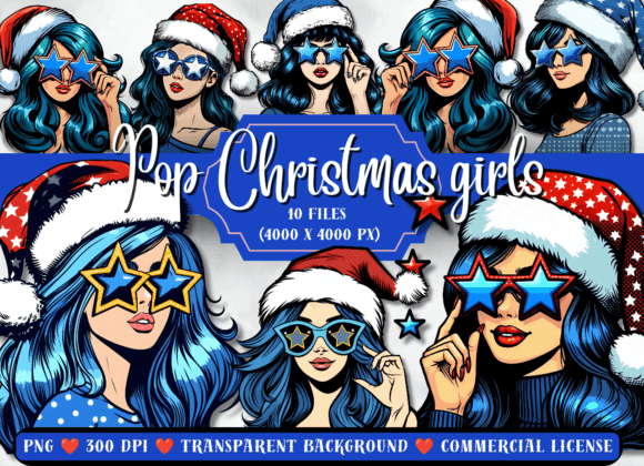Pop Art Girl Christmas Clip Art Bundle Graphic Illustrations By AnetArtStore