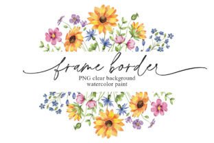 Watercolor Sunflowers Frame Border, PNG. Graphic Illustrations By Larisa Maslova 1