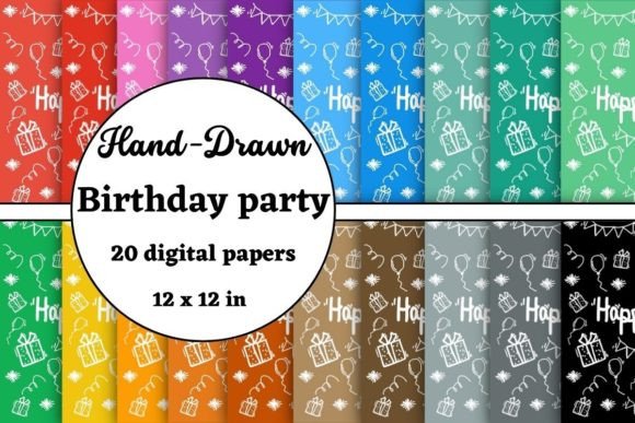 Hand Drawn Birthday Party Digital Papers Graphic Patterns By lam designs