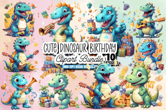 Cute Dinosaur Birthday Clipart Bundle Graphic AI Illustrations By CraftArt