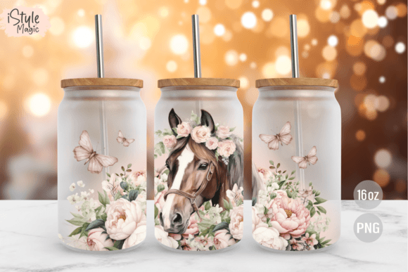 Flower Horse 16 Oz Libbey Glass Can Graphic Print Templates By iStyleMagic