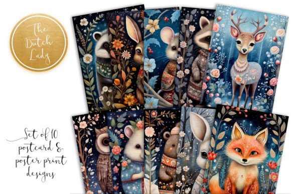 Woodland Folk Art Animals Postcards Graphic AI Illustrations By daphnepopuliers