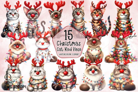 Christmas Cat Red Nose Clipart PNG Grafika Ilustracje do Druku Przez LQ Design