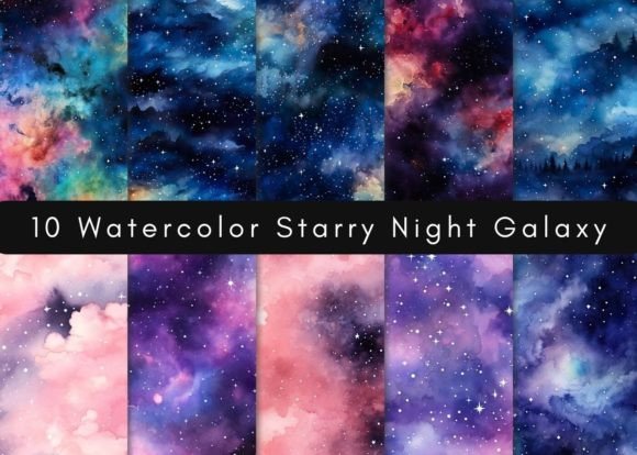 Watercolor Starry Galaxy Digital Paper Graphic Patterns By UniqueMe