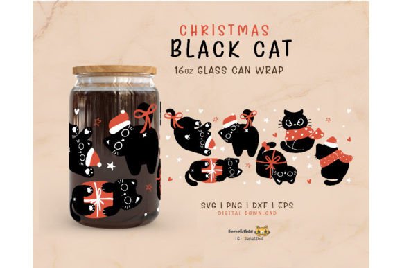 Christmas Black Cats Glass Can Wrap SVG Graphic Patterns By Janatshie