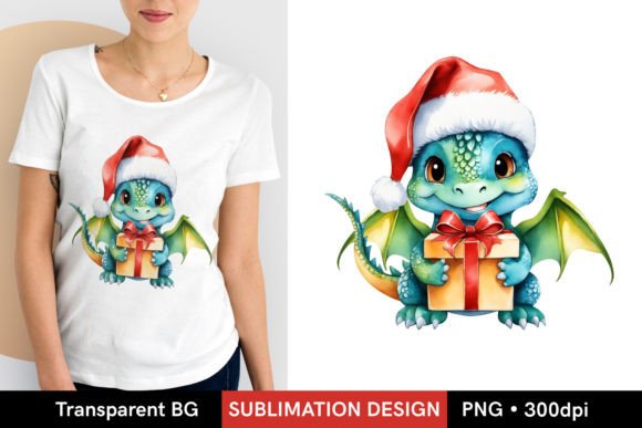 Cute Christmas Baby Dragon PNG Gráfico PNGs transparentes de IA Por LanaClueDesign
