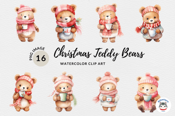 Watercolor Christmas Teddy Bear Clipart Graphic AI Illustrations By Mikatarostudio
