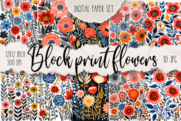 Block Print Flowers Digital Paper Set Gráfico Padrões de Papel Por Cheerful Apple Studio