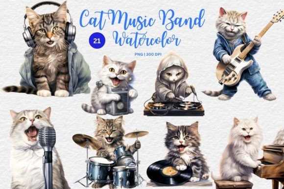 Cat Music Band Watercolor Sublimation Graphic AI Graphics By Sosacha