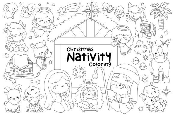 Christmas Nativity Clipart Coloring Graphic Illustrations By Inkley Studio