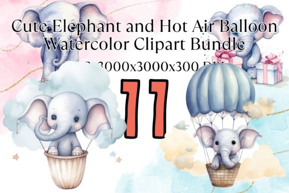 Baby Elephant Hot Air Balloon Watercolor Afbeelding Afdrukbare Illustraties Door EverydayStudioArt