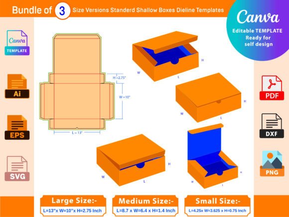 Bundle of 3 Size Shallow Boxes Dieline Afbeelding Crafts Door DesignConcept