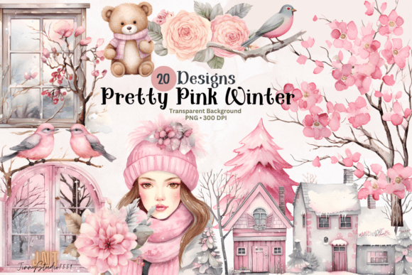Pretty Pink Winter Clipart Illustration Illustrations Imprimables Par JinnyStudio7559