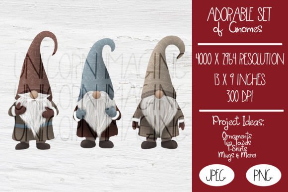 Set of 3 Adorable Gnomes Graphic Illustrations By Unicorn Imaging