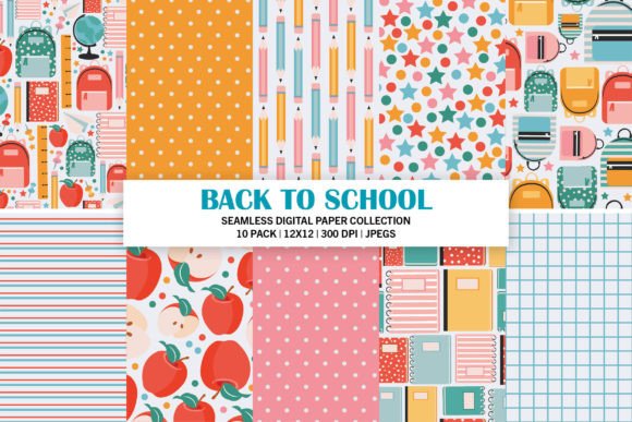 Back to School Digital Paper Seamless Graphic Patterns By alannamessinadesignco
