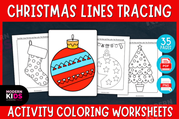 Christmas Lines Tracing Coloring Page Gráfico Materiais de Ensino e Planilhas de Trabalho Por Ovi's Publishing
