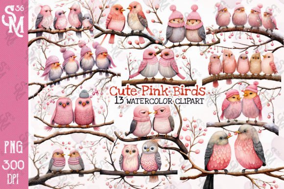 Cute Pink Birds Sublimation Clipart PNG Graphic Illustrations By StevenMunoz56