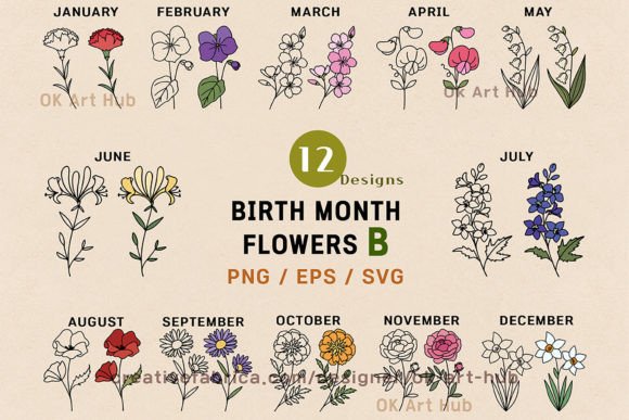 Birth Month Flower Vector-B Illustration Artisanat Par OK Art Hub