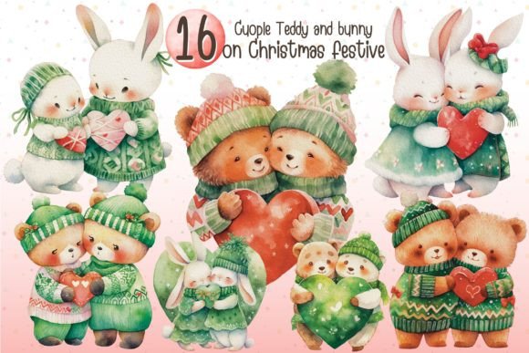 Couple Bunny and Teddy Bear on Christmas Grafica Illustrazioni AI Di VeloonaP