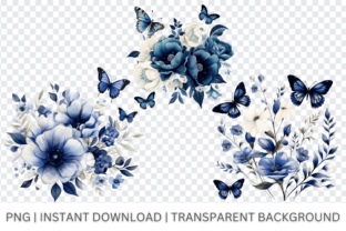 Navy Blue Flower, Watercolor Butterfly Grafik Druckbare Illustrationen Von sasikharn 4