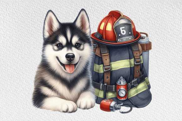 Watercolor Husky Dog FireFighter Clipart Graphic Illustrations By Design Store