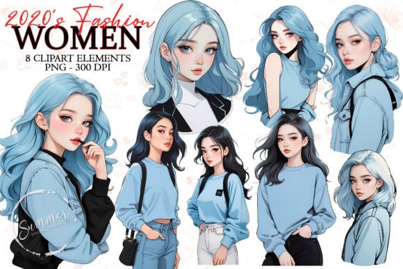 2020s Women Pastel Blue Fashion Stickers Graphic Illustrations By Summer Digital Design
