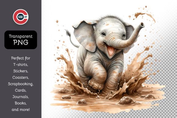 Playful Elephant Calf in Mud Splash Graphic AI Transparent PNGs By c.kav.art