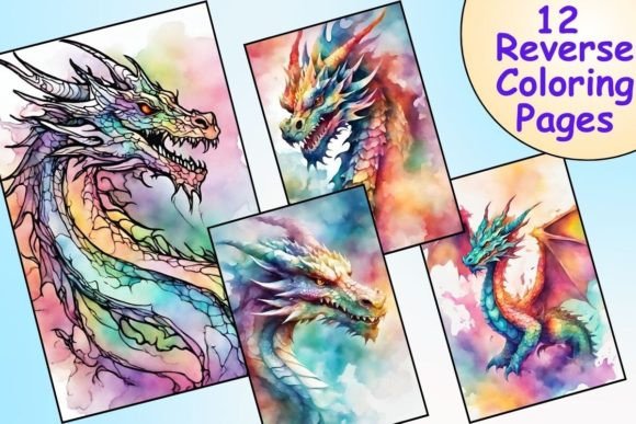 12 Fantasy Dragon Reverse Coloring Pages Graphic Coloring Pages & Books Adults By Catchy Ideaz