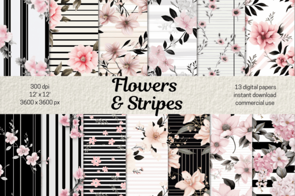 Pink Flowers & Black Stripes Background Grafik Papier-Muster Von MashMashStickers