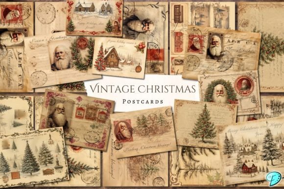 Vintage Christmas Postcards Ephemera Gráfico Objetos Gráficos de Alta Calidad Por Emily Designs