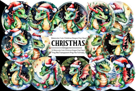 Watercolor Cute Christmas Dragon Bundle Gráfico Plantillas de Impresión Por PrintExpert