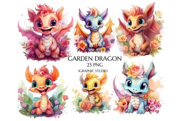 Watercolor Floral Baby Dragon Clipart Gráfico Plantillas Gráficas Por Igraphic Studio