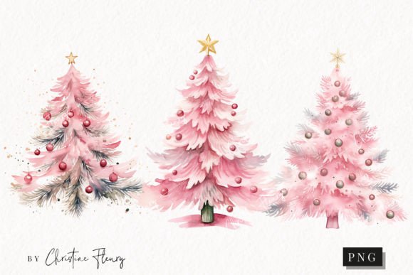 Watercolor Pink Christmas Trees Clipart Graphic Illustrations By Christine Fleury