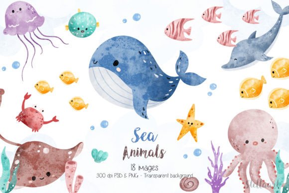 Watercolor Sea Animals Graphic Illustrations By Stellaart