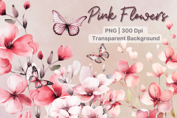 Pink Flower Clipart Watercolor Butterfly Graphic Illustrations By sasikharn