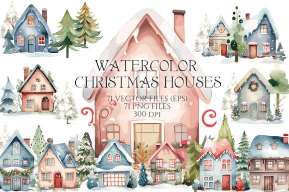 Watercolor Christmas Houses and Trees Grafik Druckbare Illustrationen Von EvgeniiasArt