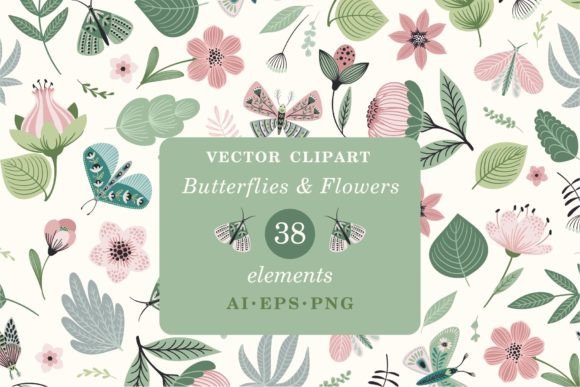 Butterflies & Flowers. Vector Clipart Graphic Illustrations By Nadia Grapes