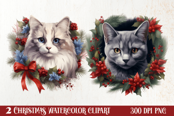 Christmas Cat Wreath Sublimation Clipart Graphic AI Illustrations By CraftArt