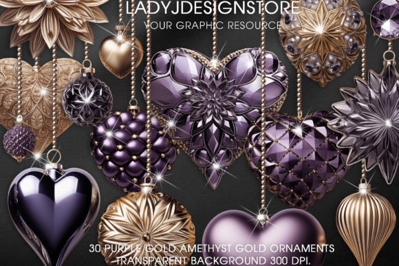 Purple Gold Amethyst Christmas Ornaments Graphic Illustrations By ladyjdesignstore