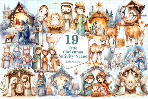 Cute Christmas Nativity Scene Clipart Gráfico Ilustraciones Imprimibles Por VictoryHome