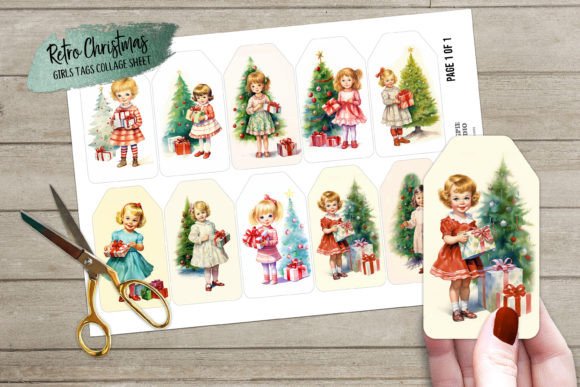 Retro Christmas Girls Gift Journal Tags Graphic Illustrations By Digital Magpie Design Studio