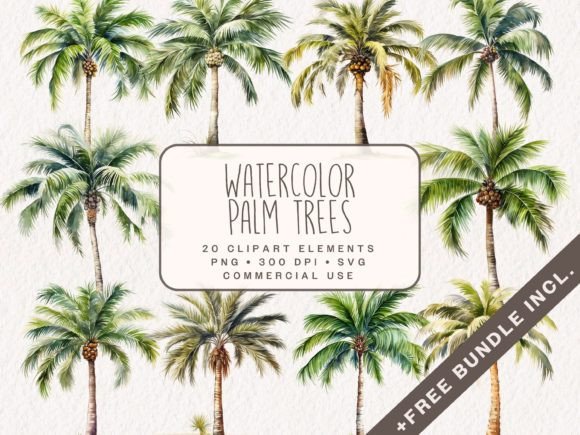 Watercolor Palm Trees Clipart Bundle Gráfico Ilustraciones IA Por ClipartcreationsDE