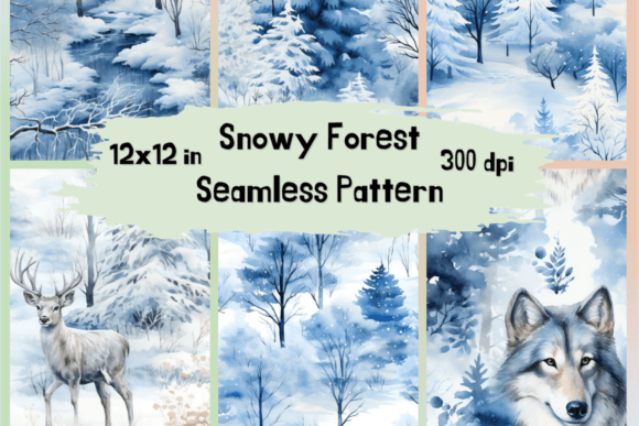 Watercolor Snowy Forest Digital Paper Graphic Patterns By NastyArts