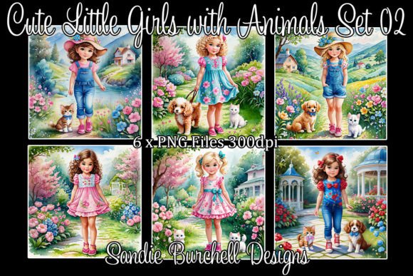 Cute Little Girls with Animals Set 02 Gráfico Ilustrações para Impressão Por Sandie Burchell Designs