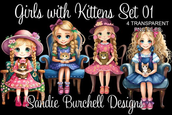 Girls with Kittens Set 01 Gráfico Ilustrações para Impressão Por Sandie Burchell Designs